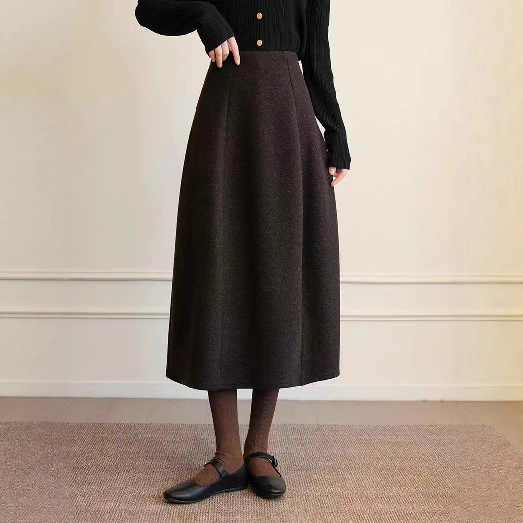 Autumn and Winter Wool High-End Simple Six-Piece Vertical Umbrella Skirt High-Waisted Wool A-Line Skirt Elastic Waist Women's Winter