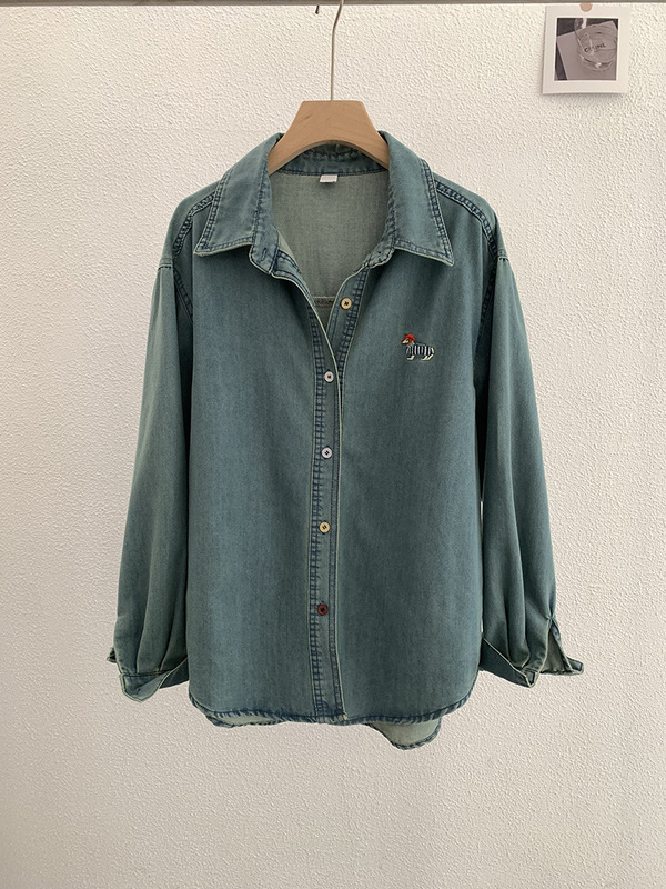 Omalai 刺繍入り子犬カラフルなシングルブレストラペル長袖ミドル丈デニムシャツトップス春 1970|undefined