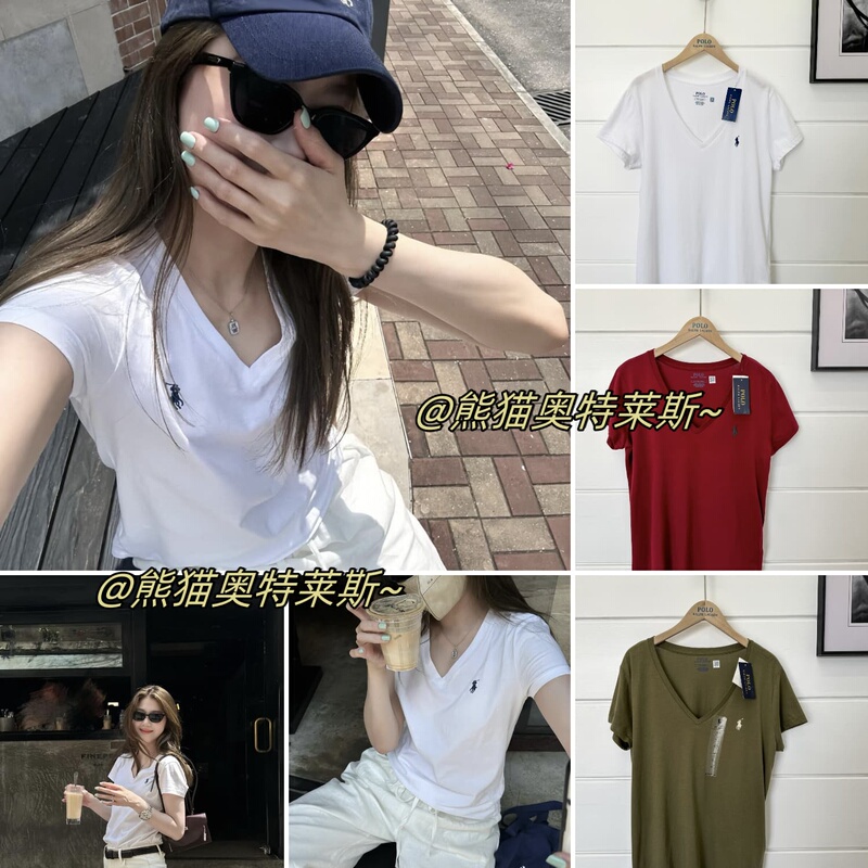 Scan the QR code to view the original RL women's summer versatile thin cotton embroidered pony logo V-neck short-sleeve T-shirt