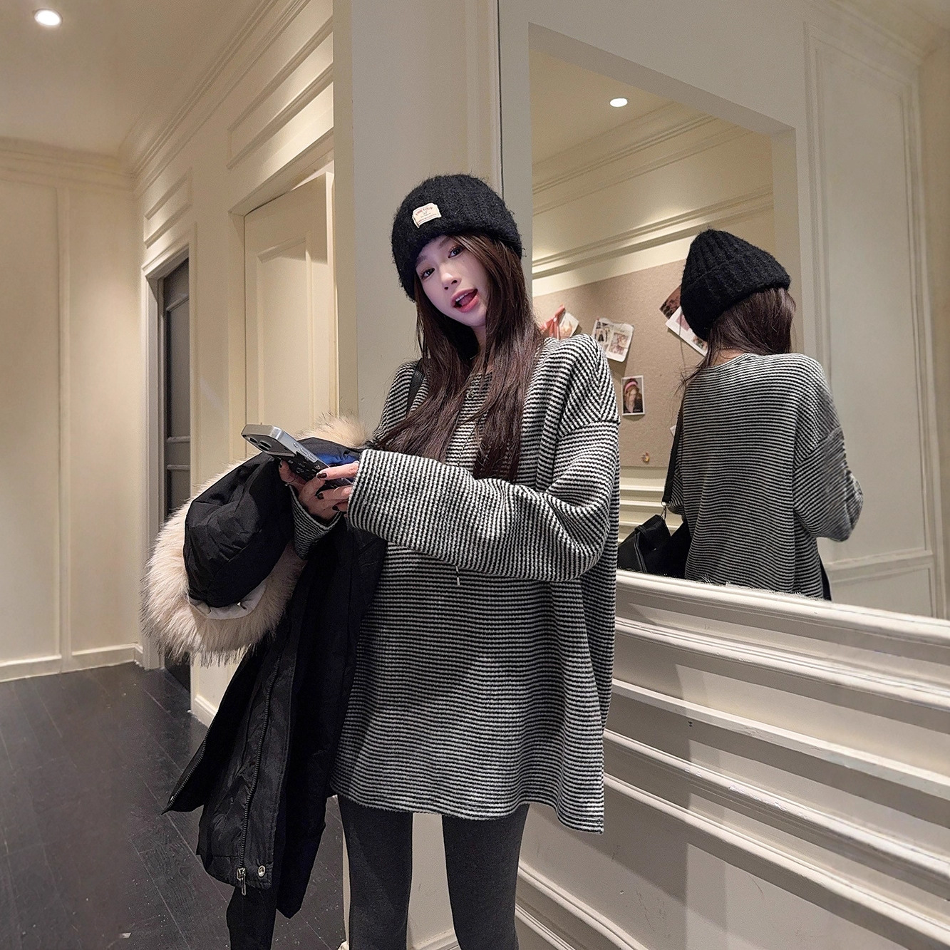 实拍~仿兔毛绒感！像一件粗针毛衣一样的加厚条纹T恤宽松韩系女装