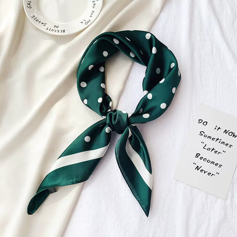 复古法式围巾丝巾波点70cm缎面雪纺方巾新款仿真纯色印花空姐