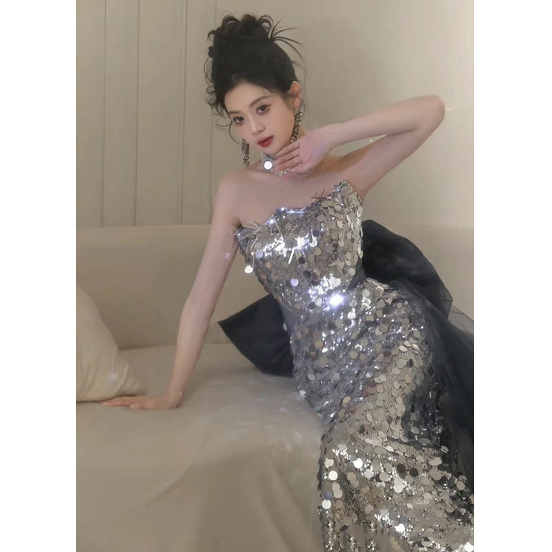 Vestido de noche de bar mitzvah de compromiso brindis lujoso nicho de alta gama anfitrión de graduación de cola de pescado lentejas francesas de alta calidad