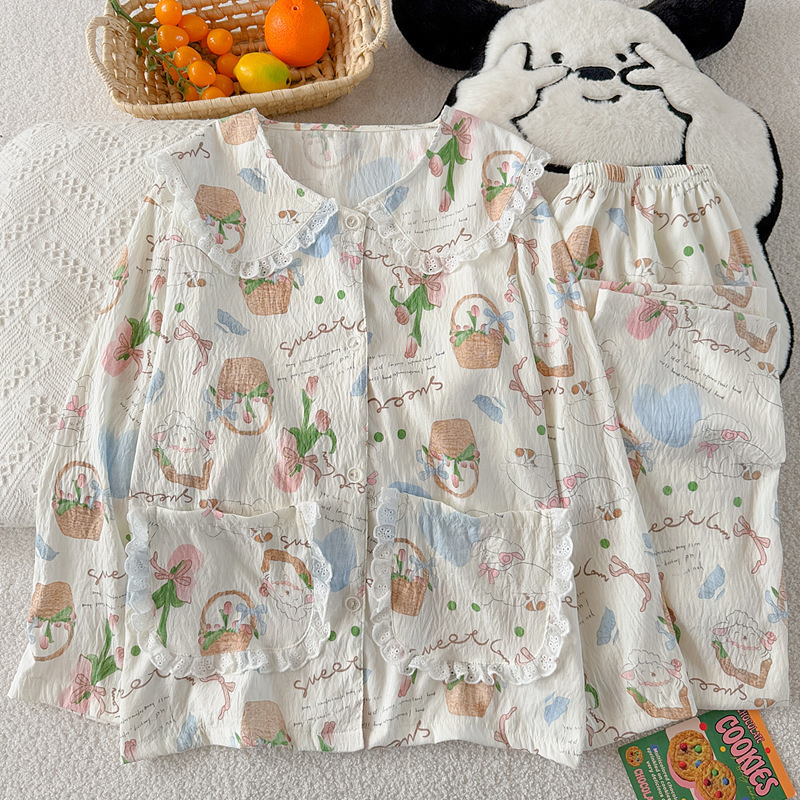 Doll Collar Fairy Style Autumn New Long-Sleeve Floral Cloud Cotton Casual Student Loungewear Set Wholesale