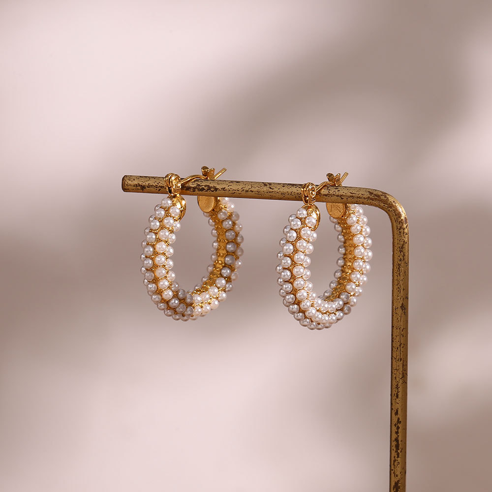 18K Gold Plated Plating Material Pearl Inlay Material Hoop Earrings Classification 18K Gold Plating Color 1 Pair Quantity PVD Coated Real Gold Plated 18K Gold U Shape 304 Stainless Steel Fashion Waterproof Non Tarnish Hoop Earrings