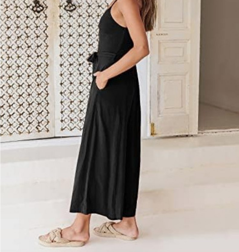 2023 Mono de pierna ancha con cuello en V y correa de hombro delgada de verano para mujer con cinturón