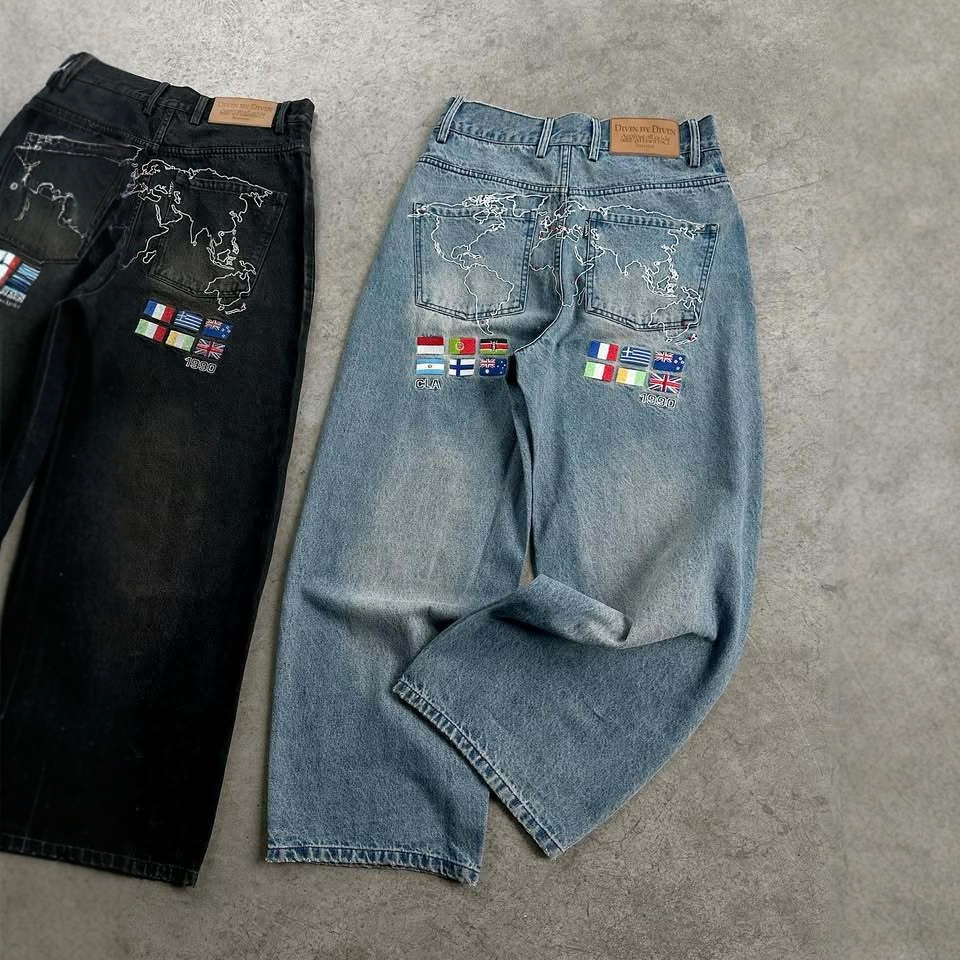 Europa y Estados Unidos transfronterizos estilo americano de la personalidad de la calle alta tendencia retro bordado jeans de moda y2k pantalones relajados casuales