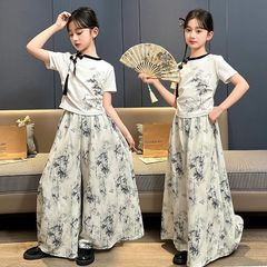女の子スカート中国風夏セット2025新型中大童洋気半袖軽薄広脚ズボン2セット