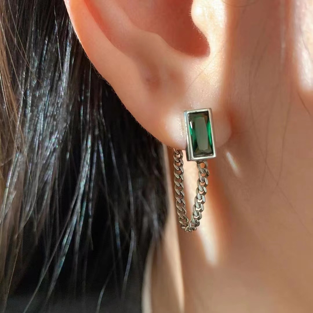 Geometric square green small elegant earrings with zircon