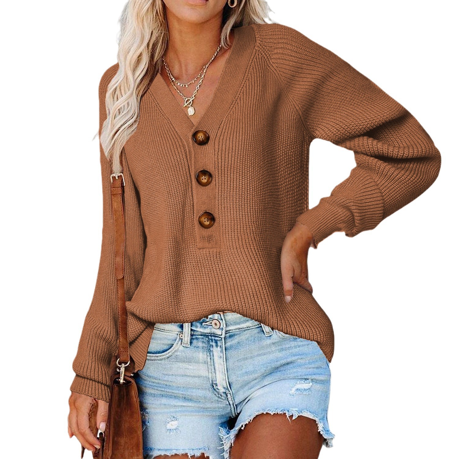 Carefully selected button women's pullover autumn and winter new style loose temperament V-neck knitted sweater_voghion.com