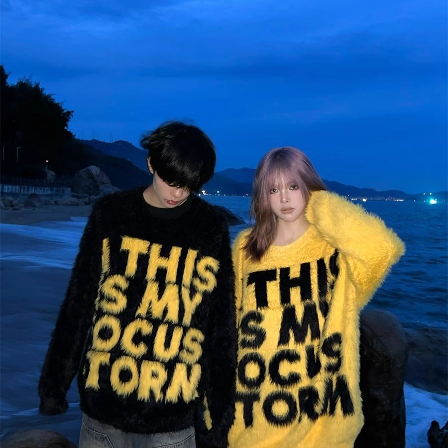 Men's Clothing national tide letter mink lazy style couple wool sweater men and women loose casual autumn and winter knitted sweater jacket_voghion.com