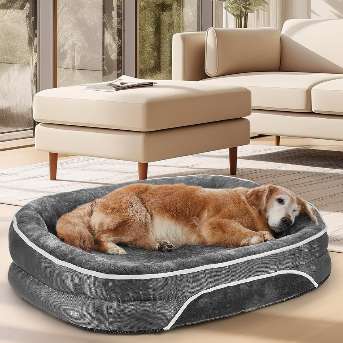 Large dog orthopedic dog bed, dog sofa design, with egg foam support, detachable, washable plush cover