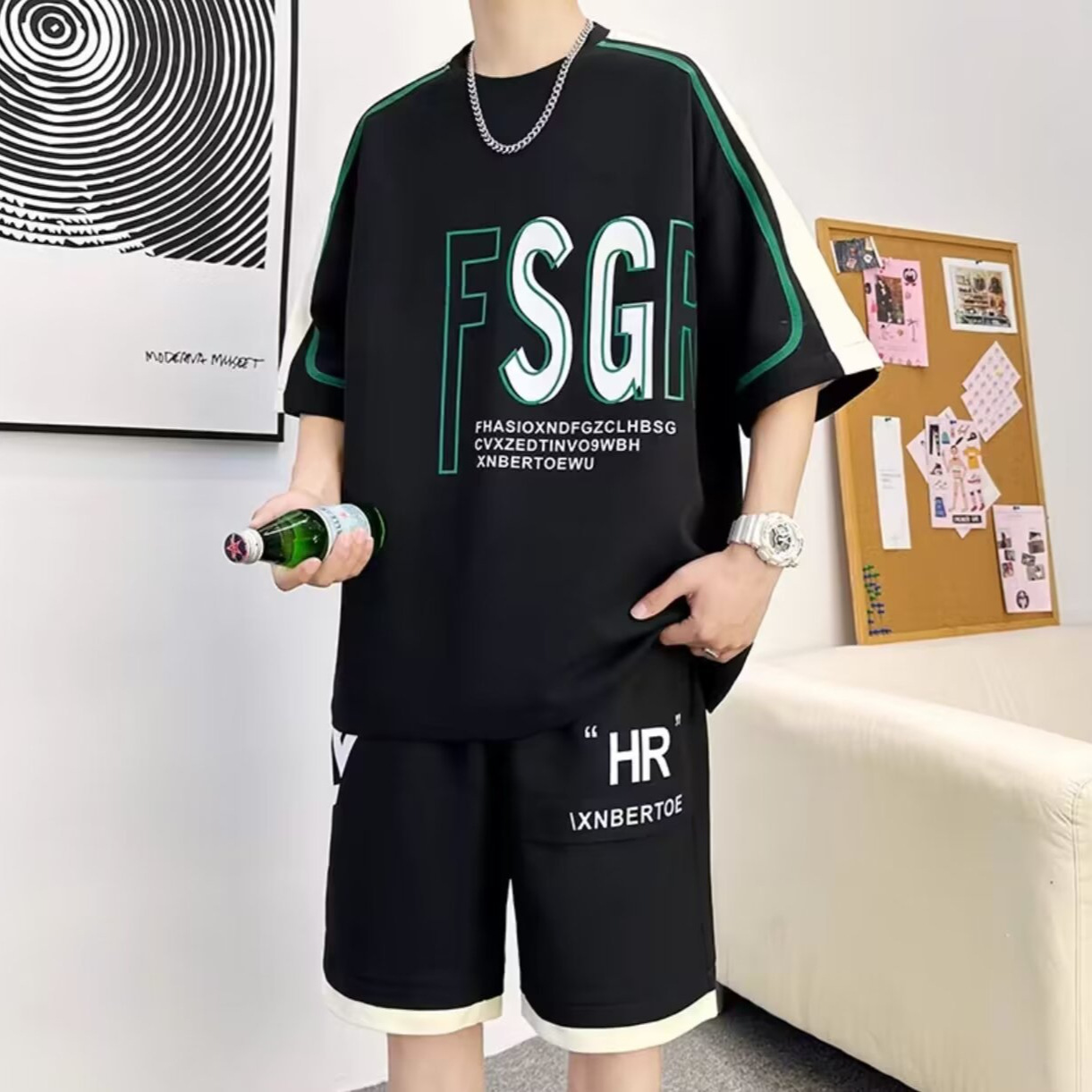 (2개) 여름 플러스 사이즈 레트로 트렌디 한 브랜드 캐주얼 스포츠 세트 홍콩 스타일 트렌디 한 반팔 티셔츠 남성용 반바지