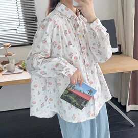 秋季新款可爱娃娃领碎花兔子印花宽松长袖衬衫女减龄小众上衣