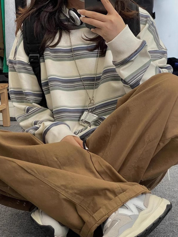 条纹圆领薄卫衣女秋季撞色日系复古宽松小众2025新款长袖无帽上衣|undefined