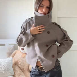 速卖通跨境爆款2025秋冬女装时尚新款气质立领排扣短款呢子外套女