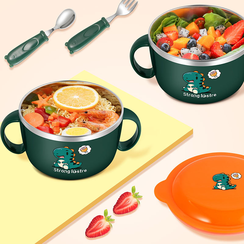 304 stainless steel Children's tableware 316 Insulation rice bowl complementary food insulation Bowl double ear fall resistant baby eating double Bowl