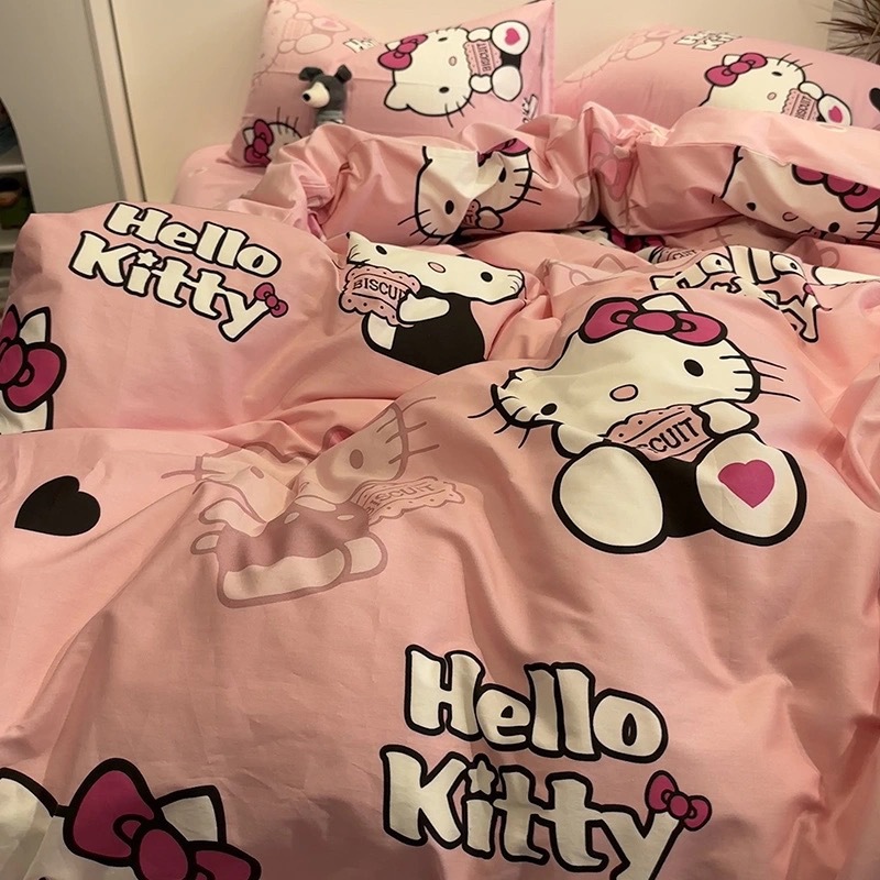 Cute Girly Washed Cotton Internet-Famous Cartoon Kt Cat Duvet Cover Four-Piece Set Internet-Famous Princess Style Student Dormitory Three-Piece Set