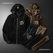 男士潮流金丝绒刺绣套装连帽休闲秋冬新款卫衣大码运动套装两件套