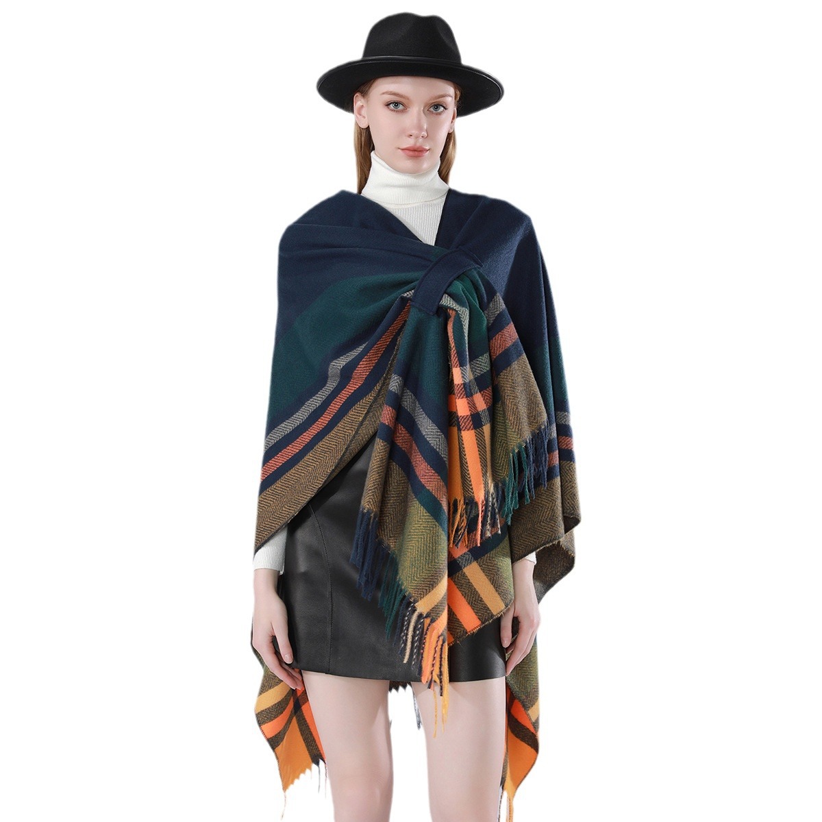 Capa de punto a rayas con borlas, diseño de cuadros de doble cara, estilo geométrico, nueva colección otoño-invierno 2024, cálida.