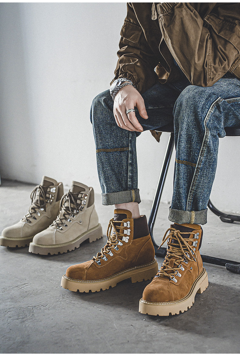 Cowhide autumn and winter men's work boots new retro couples to increase big yellow boots men's shoes_voghion.com