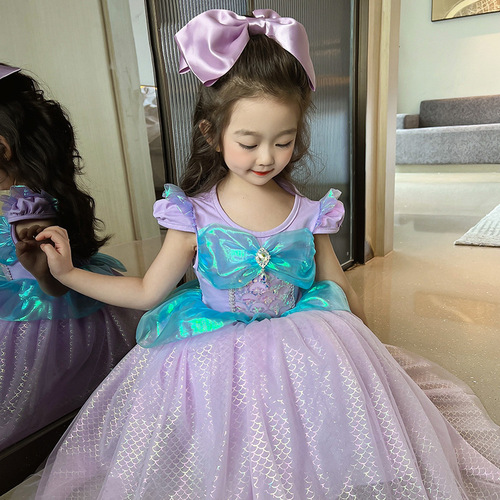 ins girls sequined mermaid princess dress  summer new style baby girl fashionable short-sleeved dress birthday dress