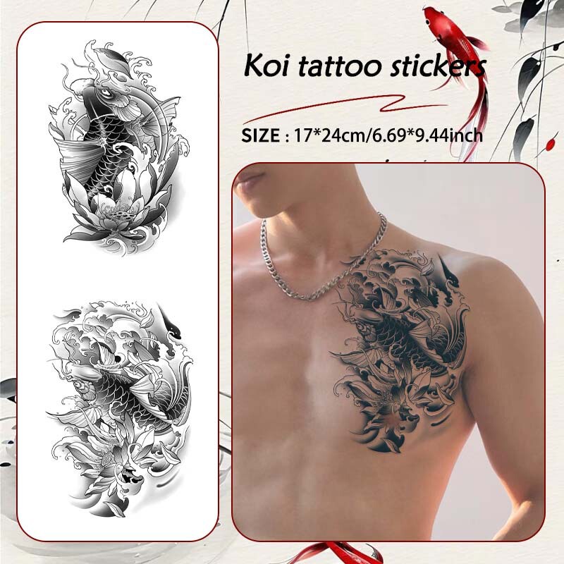 Cross-Border National Trend Ink Carp Large Size Tattoo Stickers for Chest and Shoulders National Style Hard-Core Texture Personalized Temporary Tattoo Stickers Cross-Border National Trend Ink Carp Large Size Tattoo Stickers for Chest and Shoulders National Style Hard-Core Texture Personalized Temporary Tattoo Stickers