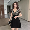 V-neck lace patchwork waistband low cut A-line dress