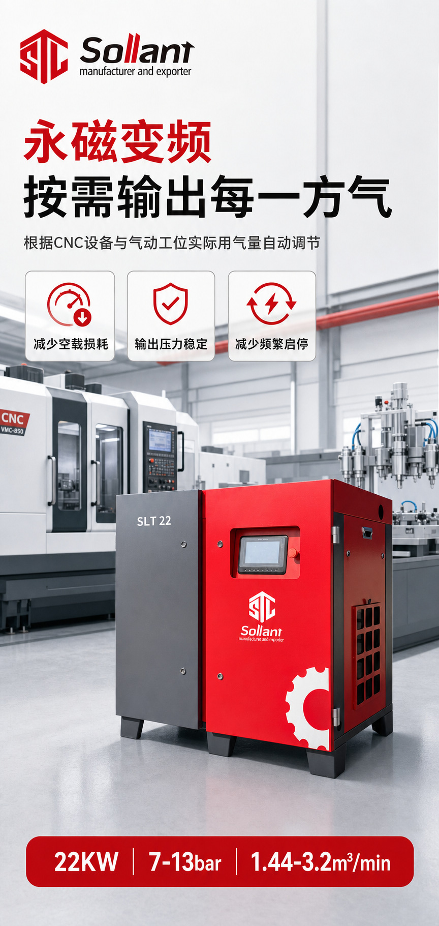Solant original factory double-stage screw air compressor 22kw power-frequency air compressor industrial grade 380V