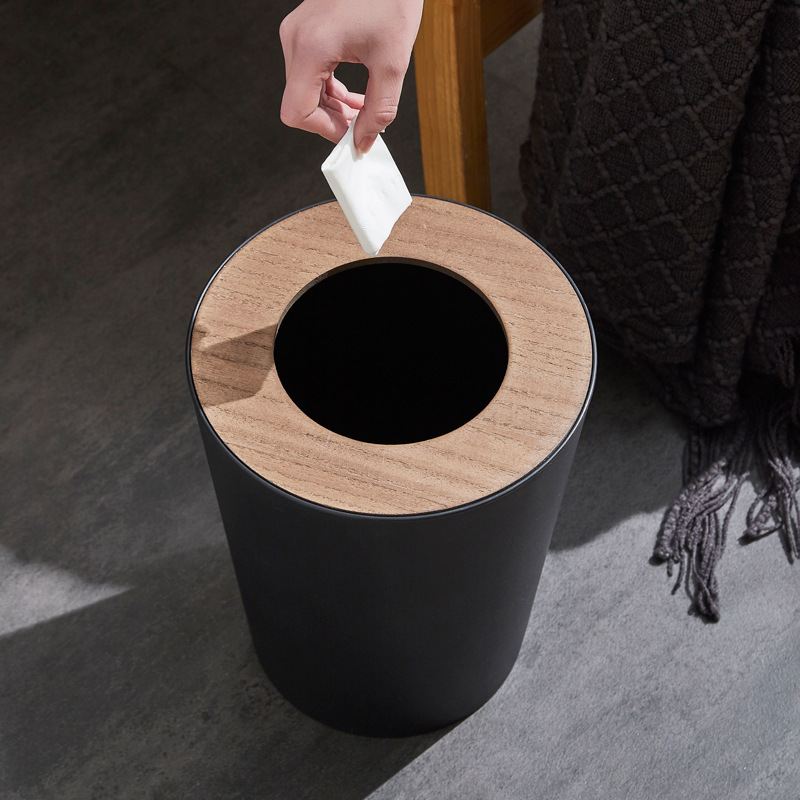 Household trash can with lid Bathroom Kitchen large storage bucket living room light luxury wooden cover paper basket bedroom trash can