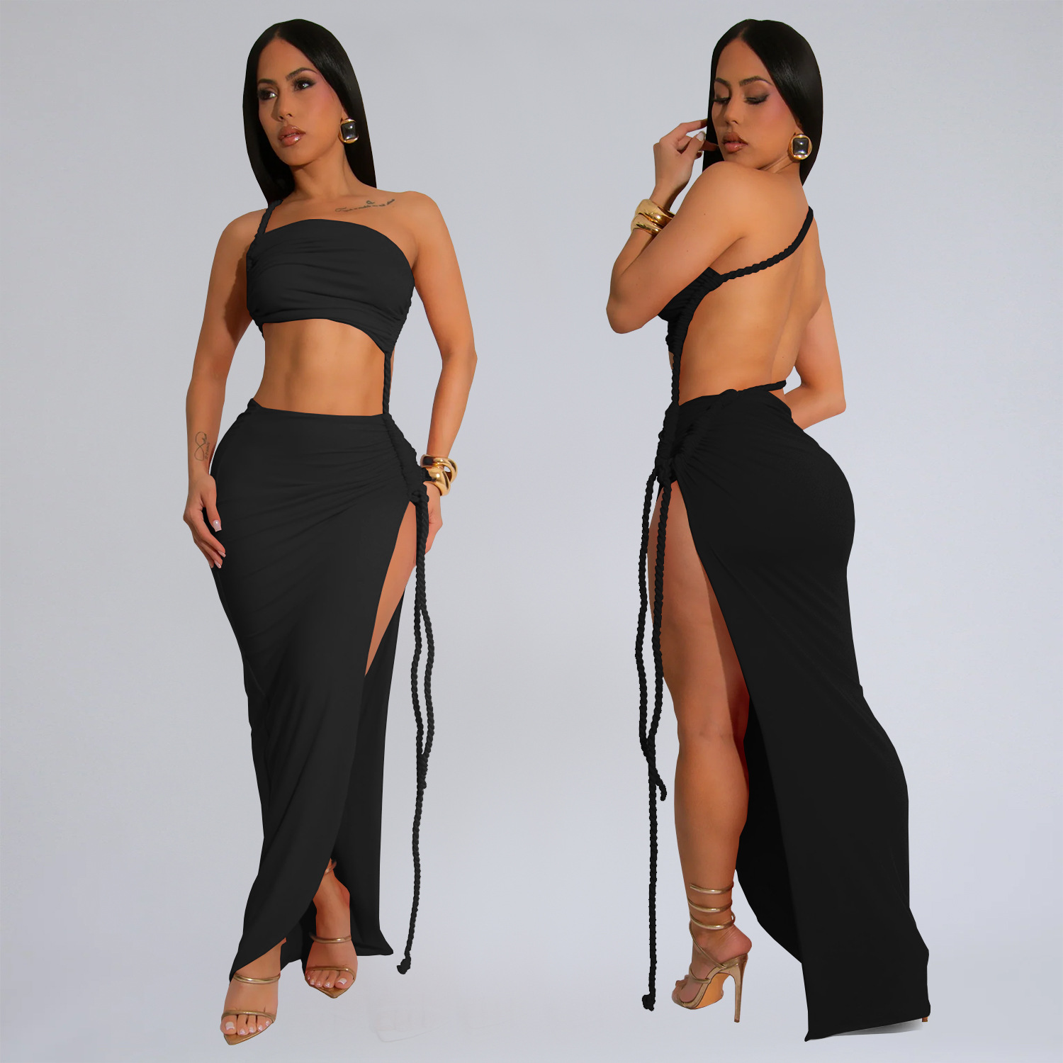 C7342 Cross-border AliExpress Amazon Ropa de mujer de moda europea y americana Vestido largo sexy simple envuelto en el pecho con apertura lateral