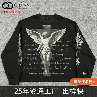 工厂定制欧美高街做旧华夫格长袖圆领上衣男士复古宽松印花T恤