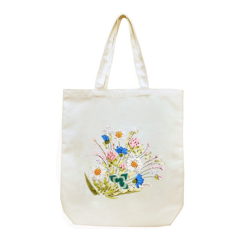 Hecho a mano DIY cinta bordada bolsa de lona Lu bordado solo hombro bolso tridimensional bordado flor lienzo mujer bolsa grande