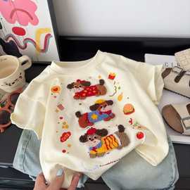 夏季新款儿童男女童纯棉洋气短袖夏季T恤宽松毛巾绣韩版卡通上衣