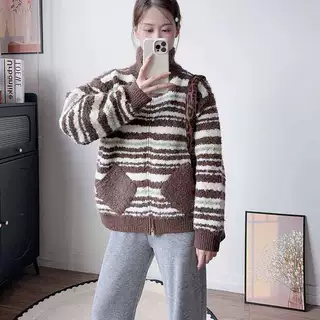 美式复古撞色条纹针织开衫女秋冬新款立领拉链宽松慵懒风毛衣外套