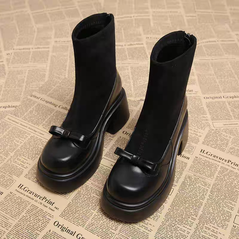 2025 New British Style French Double Bow Fashion Boots Pure Color Soft Leather Thick Sole Heightening Round Toe Thick Heel Women's Boots