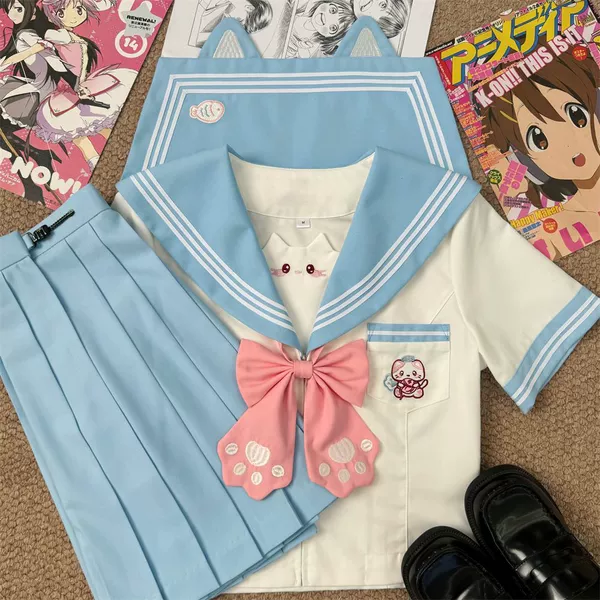 Sea salt, blue T-shirt, mini-skirt, bow tie, with short sleeve