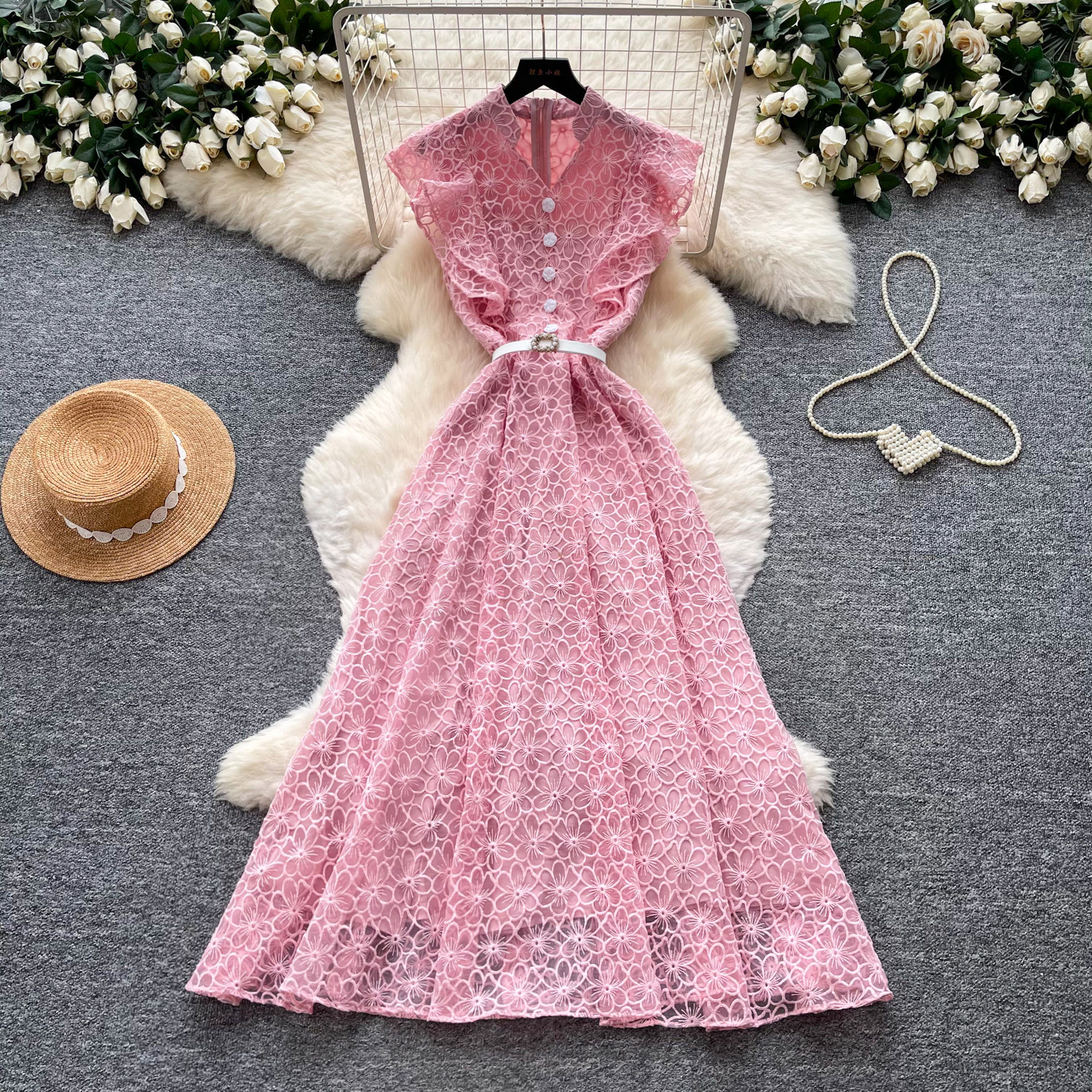 Elegant Lace A-Line Sundress For Women, High Waist Sleeveless Summer Maxi Dress_ecoleips.com