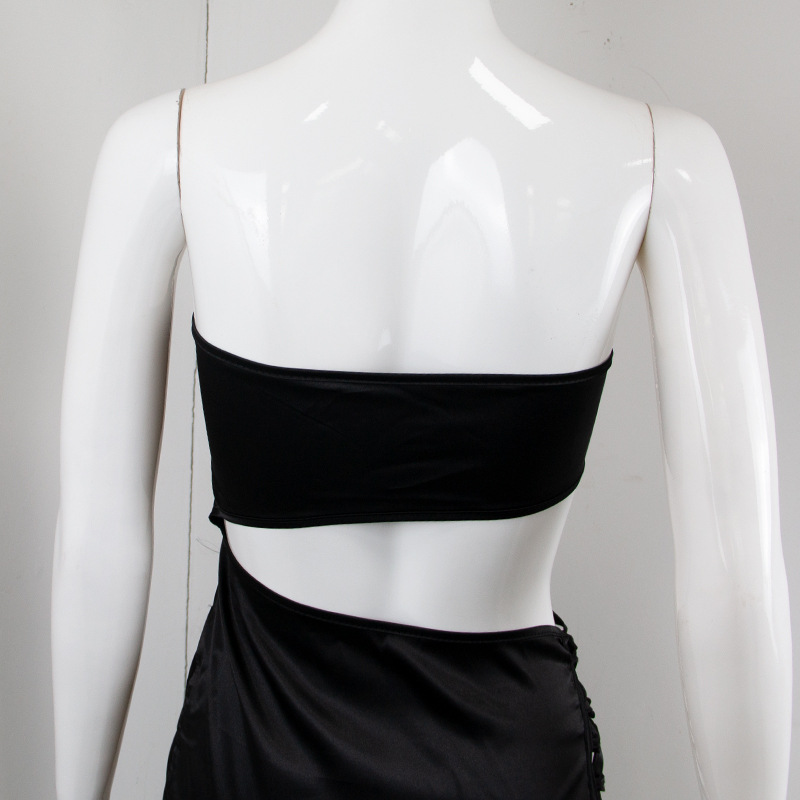 Spring Summer Sexy Drill Chain Decorative Side Slit Lace-up Cutout Women Sheath Dress