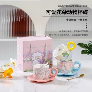 高颜值陶瓷杯网红同款卡通郁金香家用办公女生咖啡水杯伴手礼杯子