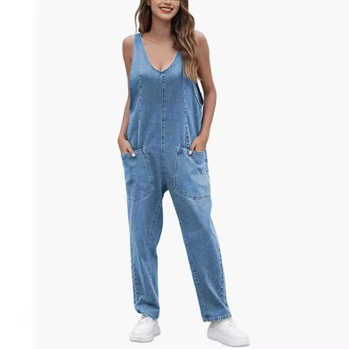 2024 cross-border foreign trade Amazon women's high denim jumpsuit casual sleeveless loose overalls jeans