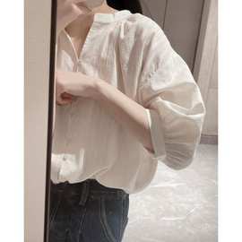 法式白色棉麻衬衫女夏设计感小众气质休闲亚麻衬衣五分袖上衣