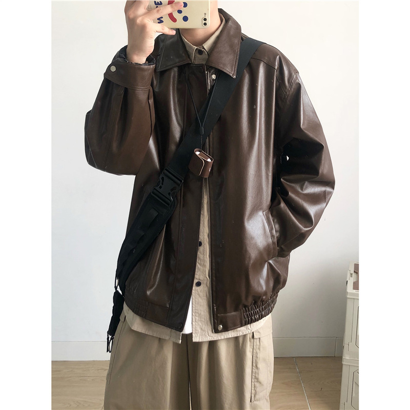 Autumn New Pu Leather Solid Color Hip-Hop Jacket Top Ins American Retro Biker Style Leather Jacket for Men and Women Stylish Autumn New Pu Leather Solid Color Hip-Hop Jacket Top Ins American Retro Biker Style Leather Jacket for Men and Women Stylish