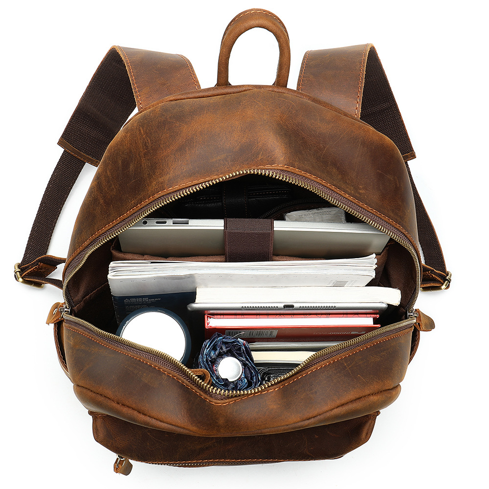 Crazy Horse Leather Men's Backpack Large Capacity Business Travel Bag Stylish Retro Cowhide Handbag_voghion.com