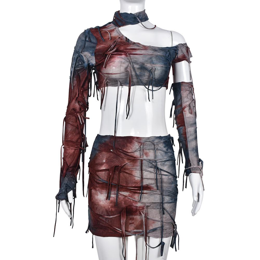 Tassel Ripped Contrast Color Sexy Cropped Tie Dyed Wansheng Set for Women 5 Tassel Ripped Contrast Color Sexy Cropped Tie Dyed Wansheng Set for Women