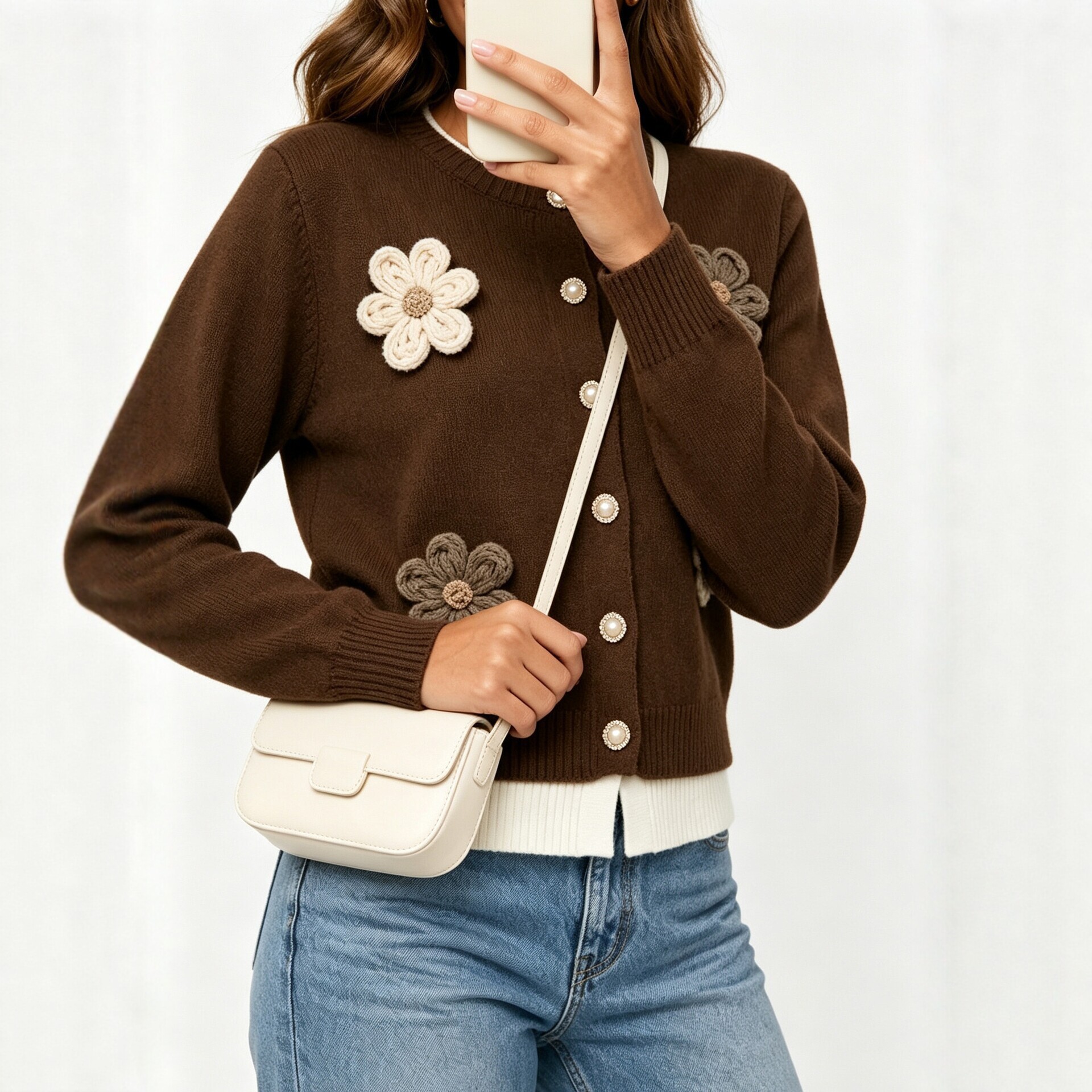 Autumn and winter heavy industry three-dimensional flower knitted cardigan women's fake two-piece spliced ​​pearl button round neck sweater jacket