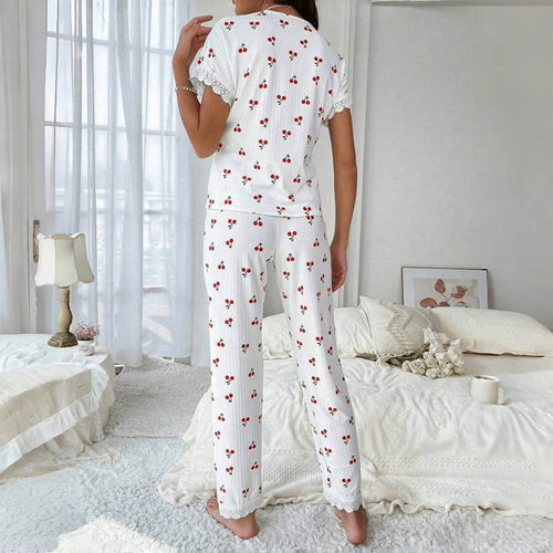 Hot-selling women's home wear in Europe and America, cherry print, water-soluble embroidered skirt, short-sleeved trousers, can be worn outside pajamas for women