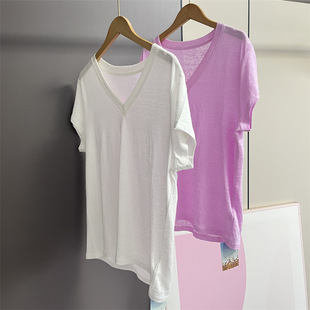 Same Style as 9560 Stars! Women's Summer French Crystal Pure Color Versatile Linen V-Neck Short-Sleeved T-Shirt 2767