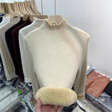 木耳边半高领一体绒针织衫加绒加厚T恤上衣女冬季新款软糯打底衫
