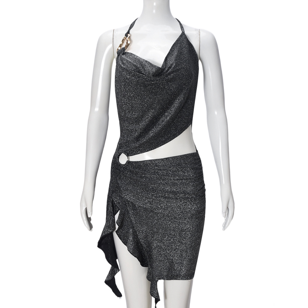 Women Spring Summer Silver Silk Cropped Irregular Asymmetric Strap Dress Women