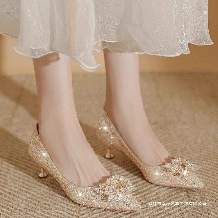 French Gold Wedding Shoes, Wedding Dress, Bridal Shoes, Low Heels, High Heels, Women's Stiletto Heels, Cat Heels That Are Not Tiring for the Feet